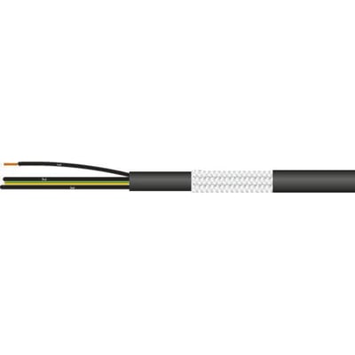 Kabel 4G2,5 FCY-JZ TC-UL/CSA med sort PVC yderkappe, flettet fortinnet kobberskærm og PVC-isolerede ledere. Gul/grøn beskyttelsesleder ses tydeligt.