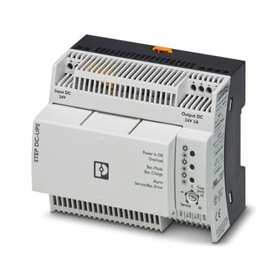 Phoenix Contact Step-UPS/24DC/24DC/3/46WH DC UPS modul på hvid baggrund med tydelige mærkninger for input og output.