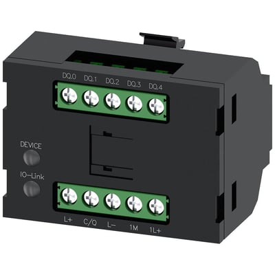 Siemens nøgleafbryder ID elektronikmodul, sort, med tydelige IO-Link og DEVICE mærkninger samt skrueterminaler til tilslutning af kabler.