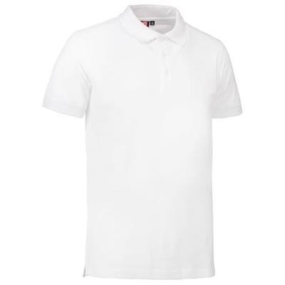 ID Identity hvid polo stretch skjorte i størrelse S, vist forfra med krave og stolpe med hvide knapper.
