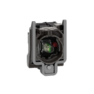 Nærbillede af Schneider Electric XB4 Uni LED lampetrykkrop med synlig grøn LED og krom frontring.