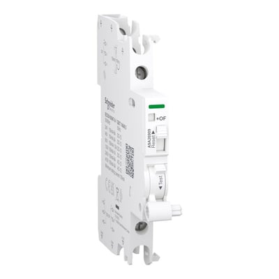 Nærbillede af Schneider Electric Acti9 iSD+OF kontakt med fokus på betjeningsknap, testfunktion og mærkat med produktinformation og QR-kode.