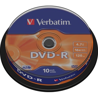 Verbatim DVD-R i orange og blå på en sort spindel, 10-pack med 4,7 GB kapacitet og 16x hastighed.