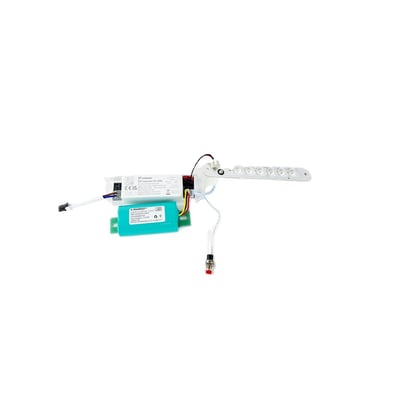 NVC Lighting 3 W batteripakke til Amarillo-plafond med batteri, ledninger og en smal LED-enhed.