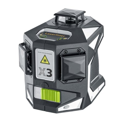 Laserliner X3 Krydslaser Pro med grøn 360° laserteknologi, vist på hvid baggrund. Den har en grøn tænd/sluk-knap og et advarselsskilt for laser.