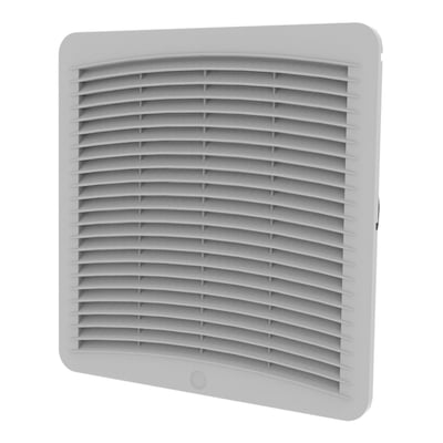 KRYOS3 filterventilator i lys grå RAL7035, med 230V spænding og 500m3/h luftmængde, vist isoleret på hvid baggrund.