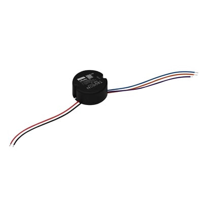 Sort HiluX LED-driver på 200 mA med Shelly-styring, set skråt med ledninger ud fra begge ender.
