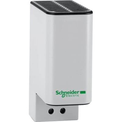 Schneider Electric ClimaSys CR varmeelement på 55 W i hvidt kabinet med ventilationsriller og to åbninger.