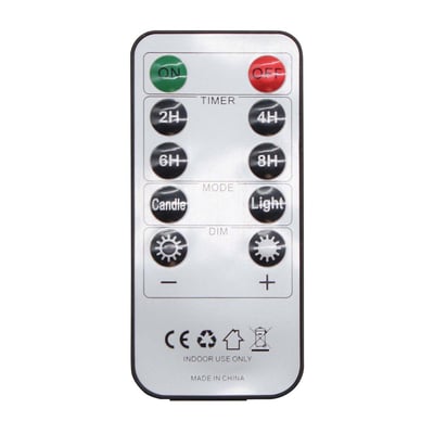 Nærbillede af LEDlife fjernbetjeningens knapper, der viser funktioner som ON, OFF, Timer (2H, 4H, 6H, 8H), Candle, Light og DIM +/-.
