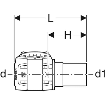 Teknisk tegning af Geberit FlowFit overgang til Mapress, viser dimensioner L, H, d og d1 samt DN 25.