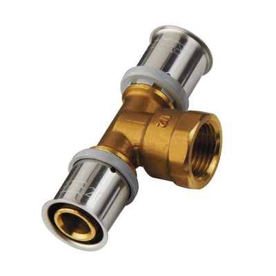 Detaljeret visning af Roth 20 mm T-stykke i messing, fokus på muffe-samling og gevind.
