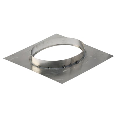 Metalbestos undertagsinddækning til skorsten, 500 x 500 mm, med firkantet plade og rund opkransning til Ø 180 mm.