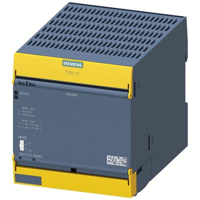 Siemens SIRIUS 3SK1 sikkerhedsrelæ med push-in fjederterminaler og grå og gul kabinetfront med tydelig Siemens logo.