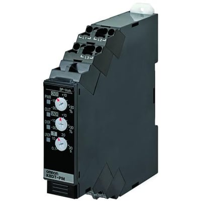 Omron faseovervågningsrelæ K8DT-PM 380-480 Vac, 17,5 mm bredt med SPDT-udgang og justeringsknapper til over-/underspænding.