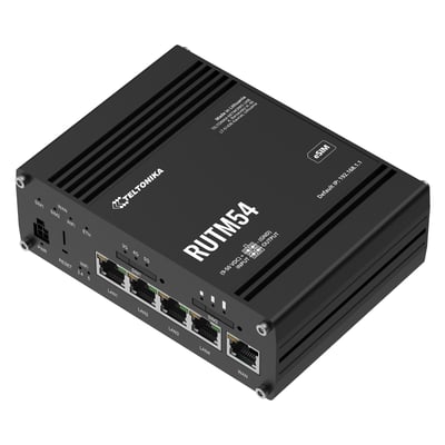 Teltonika RUTM54 5G/LTE-modem i sort metalhus, set skråt forfra med SIM-pladser og netværksporte.