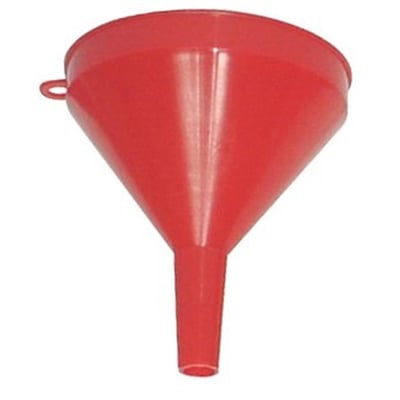 Bagsiden af den røde Kabi plasttragt 75 mm, viser dens form og ophængningsmulighed med et lille rundt øje.