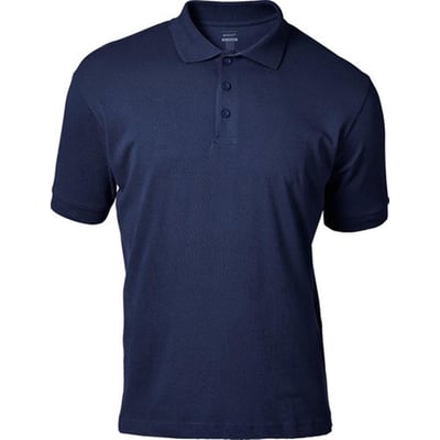 Detaljeret billede af Mascot Bandol poloshirt i mørk marine, viser piqué vævet stof og knapper på stolpen.
