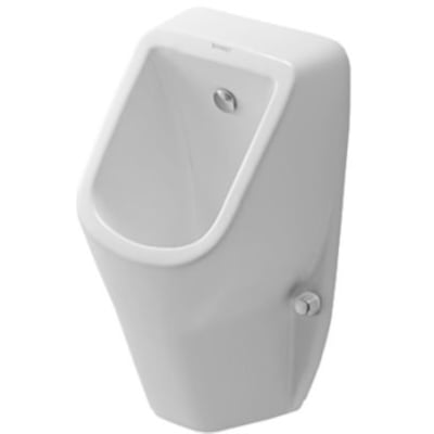 3D gengivelse af Duravit D-code urinal i hvid keramik, vist fra siden med fokus på design og tilslutning.