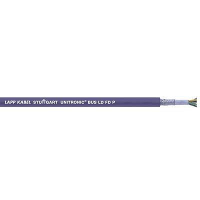 Lapp Unitronic BUS LD FD P kabel, 3X2X0,25 dimension, med lilla yderkappe og synlig flettet afskærmning og farvekodede ledere for enden.
