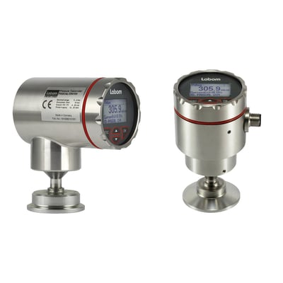 Siemens Pascal CV4 tryktransmitter i rustfrit stål med FB Clamp DN76 og digitalt display, der viser trykmåling.