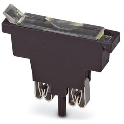 Phoenix Contact ST-SI sikringsstik i sort plast med 400V, 6,3A og stiktilslutning, vist med gennemsigtigt låg og metalclips.