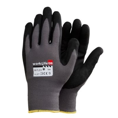 OS W-flex vinterhandske str. 10 i grå polyester/akryl med sort nitril-foam belægning og gul kant.