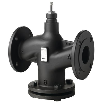 Siemens VVF43.80-80 2-vejs ventil med PN16 flange tilslutning og DN80 størrelse, udført i sort metal.