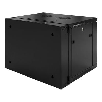 Bagsidevisning af Toten 19" vægskab, 9U, sort, med monteringshuller til vægophæng og lukket glasdør.