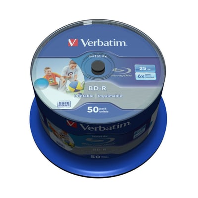 Verbatim BD-R SL Blu-ray-disc med 25 GB, 6x og Hard Coat vises øverst på en blå spindel.