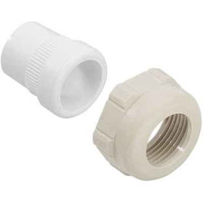 Weidmüller forskruning PG16 til vinklet HDC hus, vist som to samlekomponenter i hvid plast på en neutral baggrund.