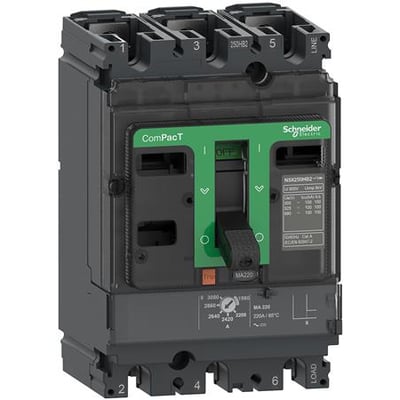 Schneider Electric ComPacT NSX250R MA maksimalafbryder, 3-polet, 150A, med grønt betjeningsgreb og tydelige markeringer for afbryderfunktion.