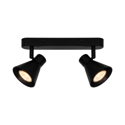 Nordlux Eik 2-spot spotlampe i sort metal med GU10 fatning og 35W, isoleret på hvid baggrund.