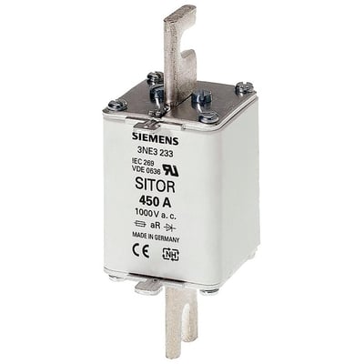 Siemens Sitor 3NE1 NH1 sikring, 450A, 1000V a.c., gR med frontindikator og slidsede klingekontakter.