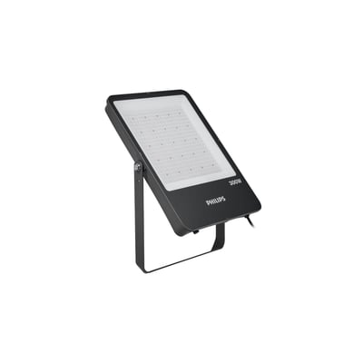 Philips Ledinaire BVP166 LED-projektør på monteringsbøjle, set skråt forfra; den sorte model er på 300 W.