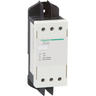Schneider Electric strømbegrænser LA9LB920 i hvid og mørkegrå, med mærke og modelnummer tydeligt angivet.