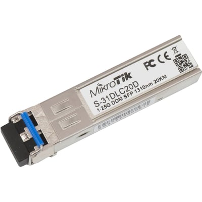 Mikrotik SFP dualfiber S-31DLC20D, 1.25G SM, 20km, 1310nm i sølvfarvet metal med blå trigger.