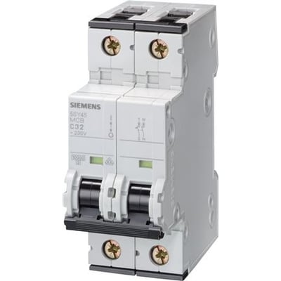 Siemens SENTRON 5SY automatsikring på 50 A med to poler, set skråt forfra med synlige tilslutningsskruer.