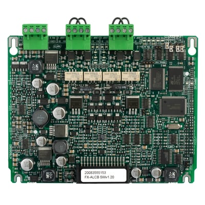 Schneider Electric FX-ALCB sløjfekort med 2 sløjfer, monteret med grønne terminaler og diverse elektroniske komponenter på et grønt printkort.
