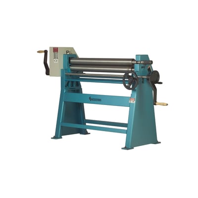 SCANTOOL MBR 1050-3,0 manuel pladevalse i blå metal med tre valser og to drejehåndtag til formning af metalplader.