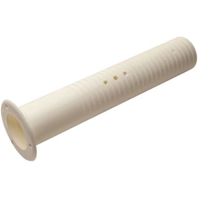 Justerbart rør med en flange fra Sanha i cremefarvet plast med rillede sider og tre små lufthuller.