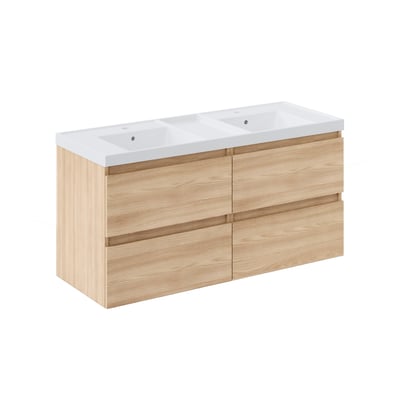 Cosmic underskab med integreret greb, 120 cm bredt og lavet i eg melamin med to skuffer og dobbelt hvid vask.