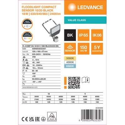 Teknisk grafik med tegning af Ledvance Floodlight Compact-projektør med sensor, sort, multi lumen og 2400 lm.
