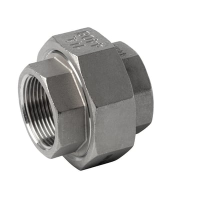Unionfitting i AISI 316 stål med 1" indvendigt gevind og muffe type BSPP. Produktet er fremstillet efter ISO 228-1G normen og har synlig mærkning.