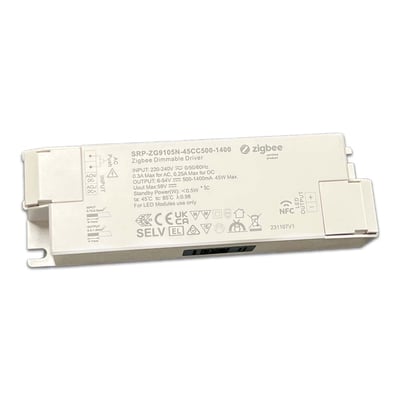 Hvid Envilar Zigbee LED-paneldriver med terminalender, NFC-markering og specifikationer trykt på huset.