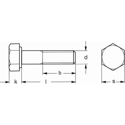 M16X230 ISO 4014 bolt i A4 syrefast rustfrit stål med dimensioner angivet med bogstaverne k, l, b, d og s.