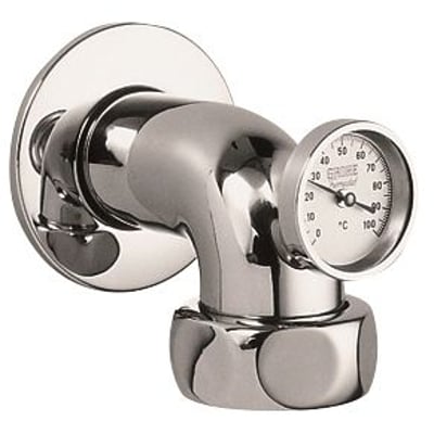 Detaljeret billede af Grohe Lahr afgangsbøjning, der tydeligt viser termometerets skala fra 0 til 100 grader Celsius.