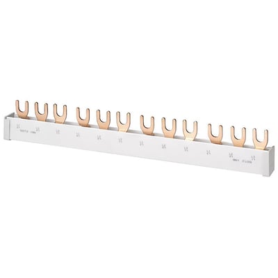 Siemens samleskinne gaffel 5ST, 3-faset, 16 mm² og 56 moduler i hvidt kabinet med kobberledninger.