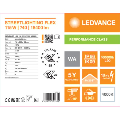 Teknisk produktgrafik for Ledvance Streetlight Flex L, hvid gadebelysning med oplysninger om effekt og lysstyrke.