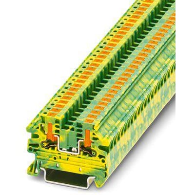 Phoenix Contact Jordklemme PTV 2,5-PE med push-in-tilslutning, grøn/gul, viser flere tilslutninger og monteringsskinne.