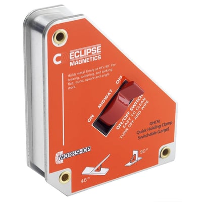 Eclipse svejsemagnet med on/off knap holder metal i 45° og 90° vinkler til svejsning. Kraftig holdekraft på 75 kg og dimensioner på 152x130x35 mm.